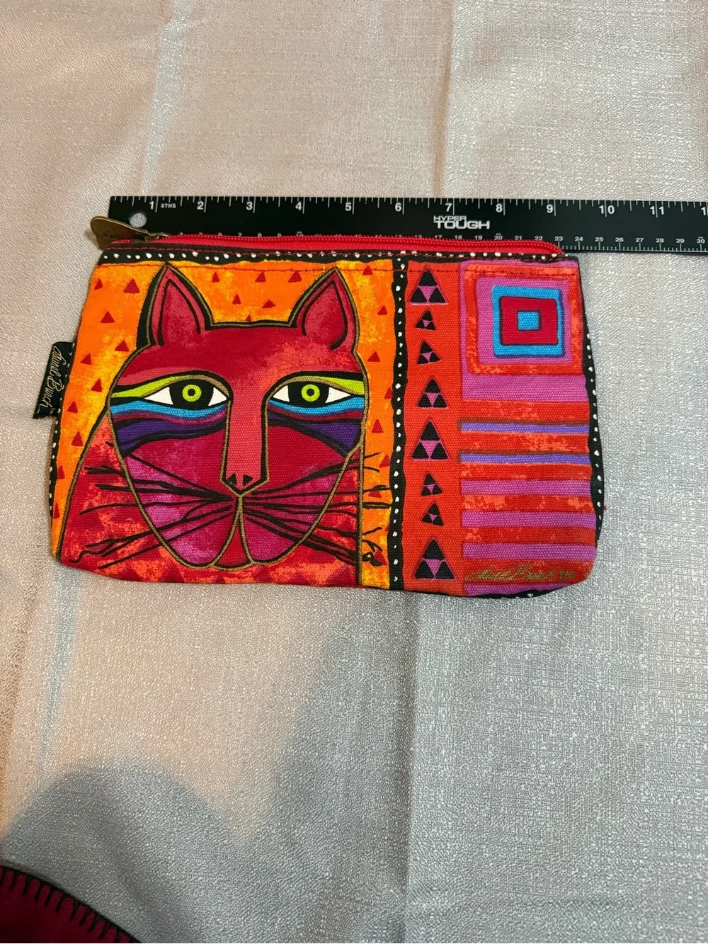 Laurel Burch Red and Orange Cat Art Cosmetic Pouch with Multicolor Accents